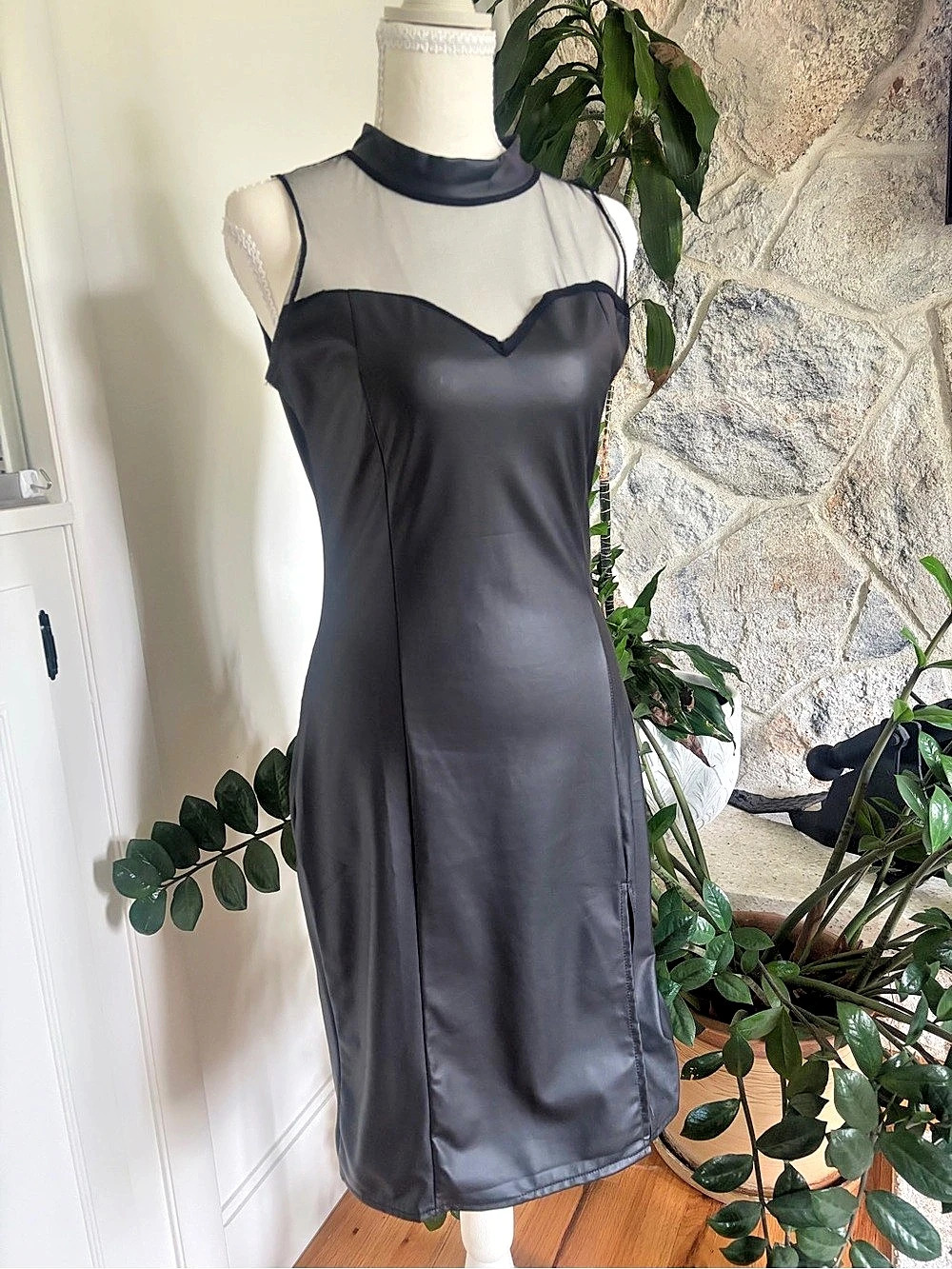 Black Mesh Faux Leather Midi Dress Like New
